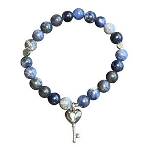 New Healing Stone Sodalite Bead Love Love Key Charm Stretch Bracelet Balance